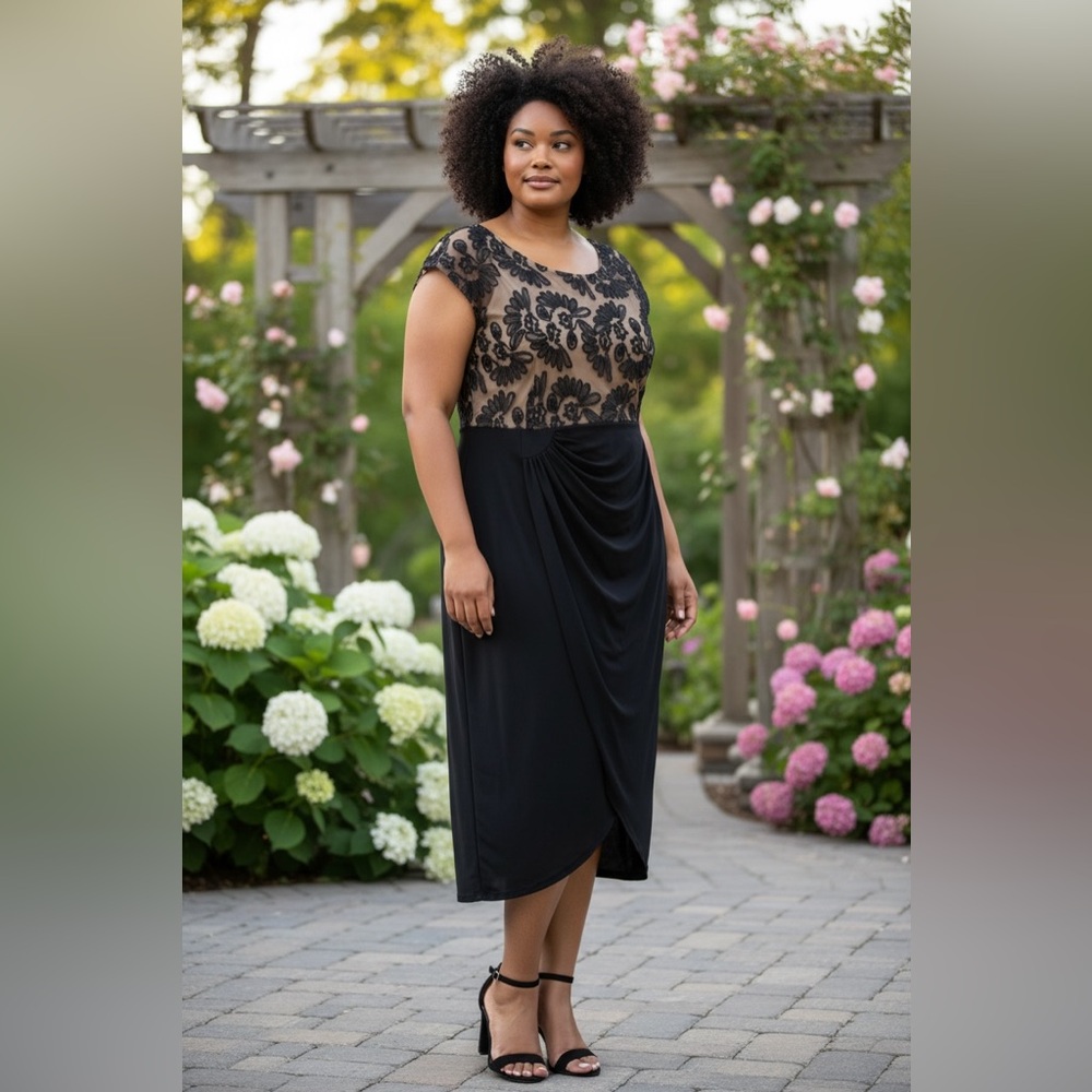 Connected Apparel‎ Black Beige Floral Lace Plus Sz 24W Faux Wrap Midi Dress
